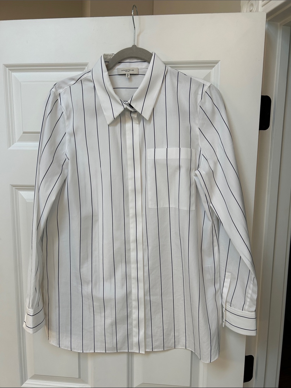 Lafayette 148 New York White Dress Shirt with Navy Pinstripes